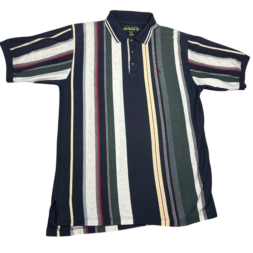 VTG 90s Knights of Round Table Mens Large Vertical Stripe Polo Shirt Navy Green
